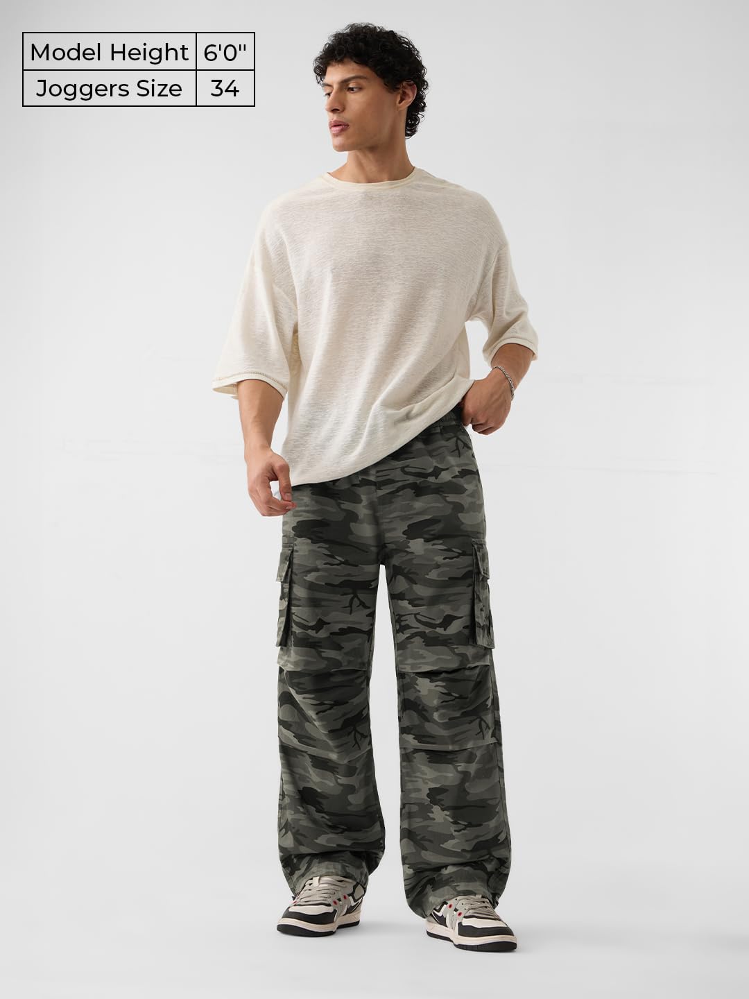 The Souled Store Parachute Pants: Green Camo Men and Boys Buttoned Baggy Fit Cotton Parachute Pants