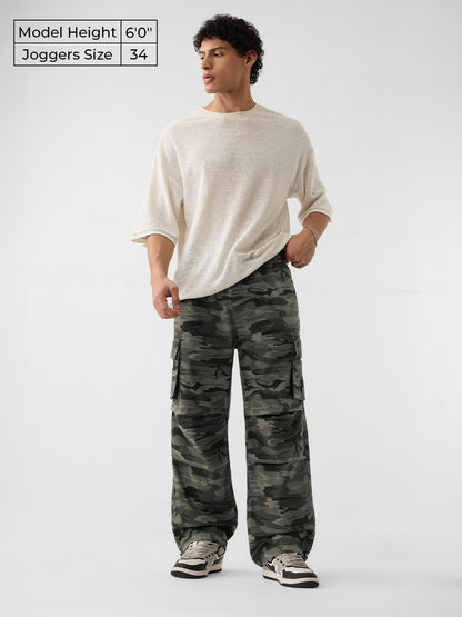 The Souled Store Parachute Pants: Green Camo Men and Boys Buttoned Baggy Fit Cotton Parachute Pants