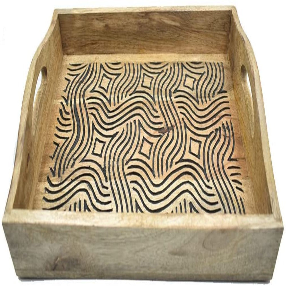 Hand-Carved Wooden Breakfast Serving Tray with Handle-Dining Serve-Ware Accessories  - 15 x 10 Inches