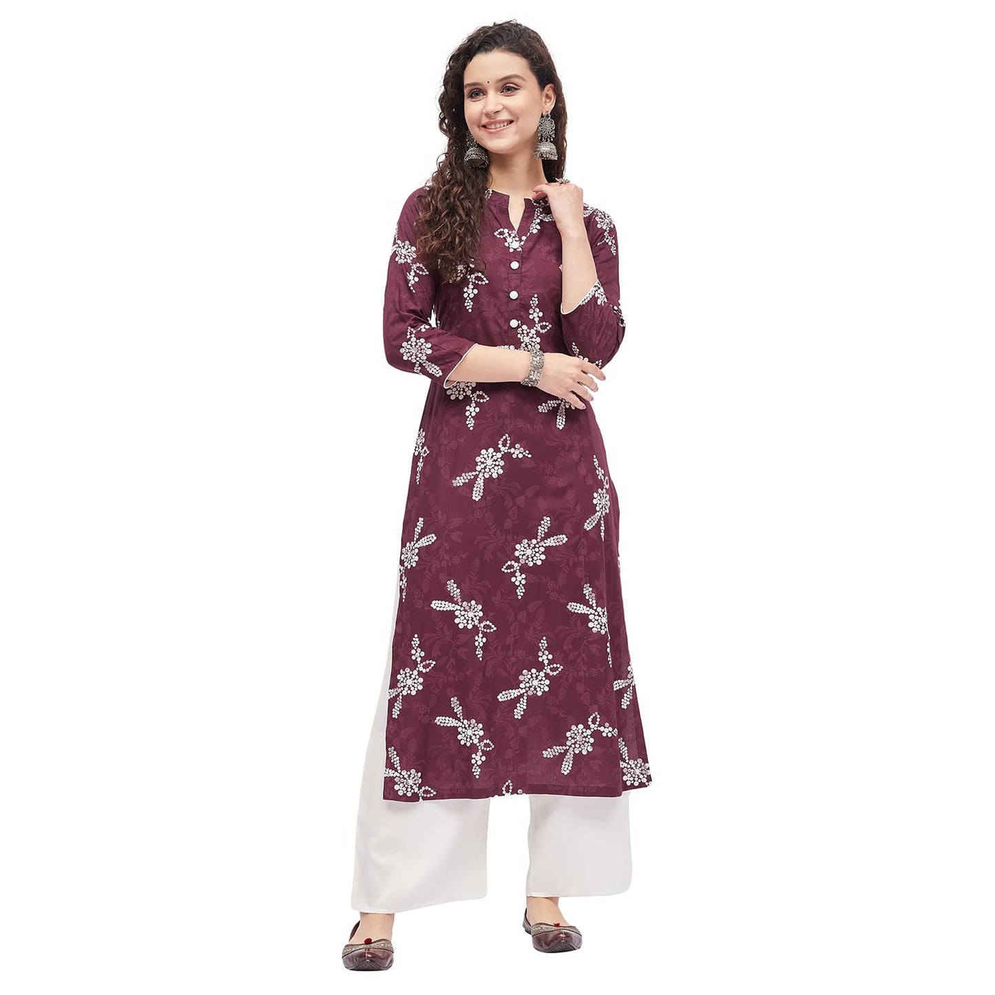 Tissu Women's Rayon Maroon & White Printed Kurta with Palazzo