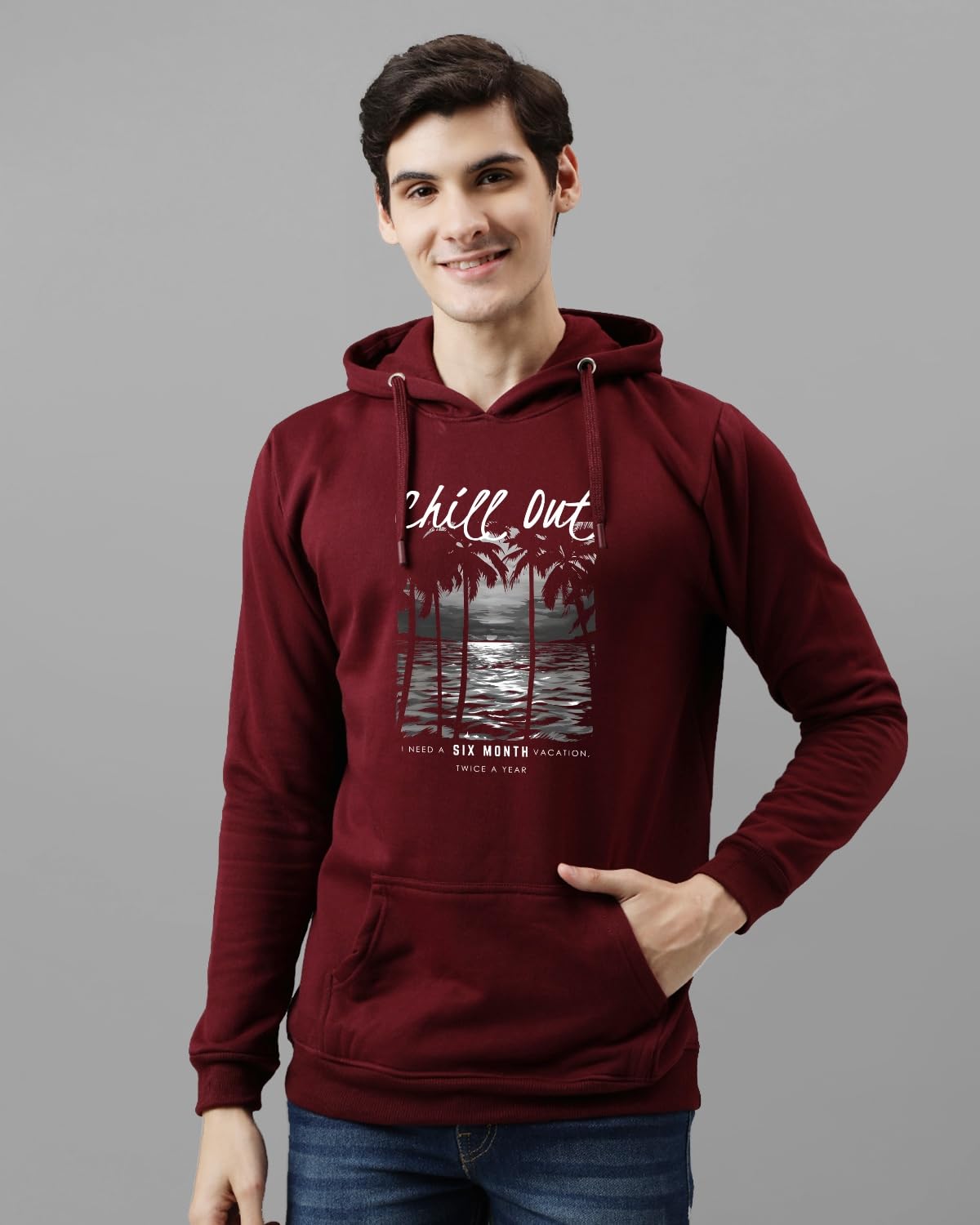 ADRO Men's Cotton Blend Neck Hooded Sweatshirt (H24-CHILL-MR_Maroon