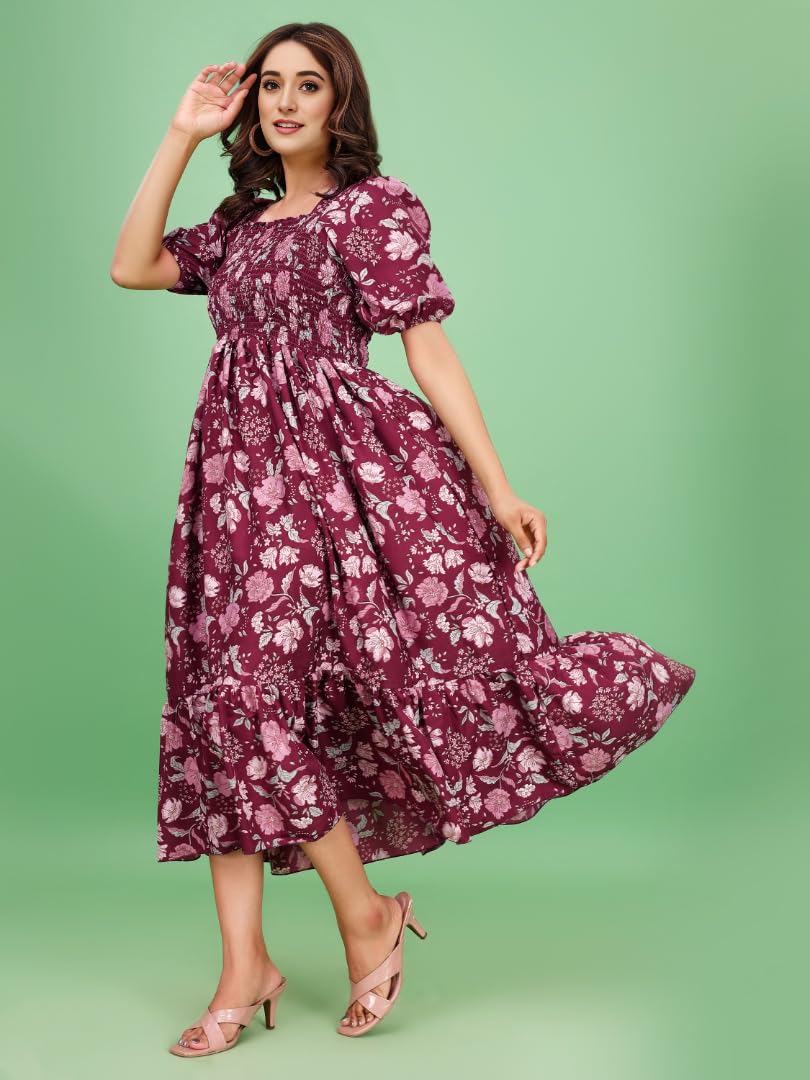 Kuduzo WomenS Crepe Midi Dress With Half Puff Sleeves Square Neck Line Floral Pattern Calf Length Regular Fit And Flare Purple
