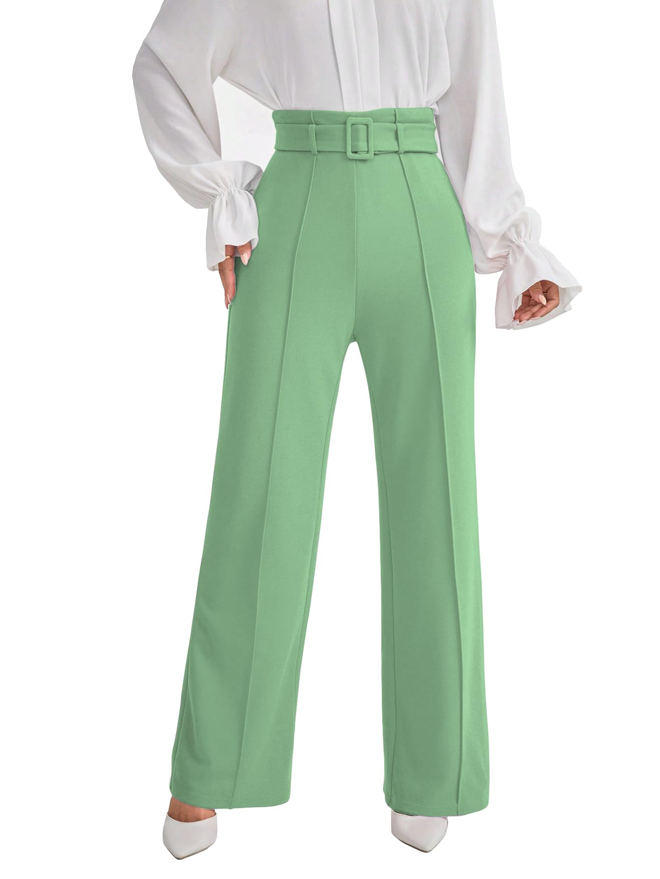 Shasmi Womens Elegant Pista Green Solid Color High Waisted Belted Toothpick Stripe Design Straight Loose Casual Women Pants, Mi