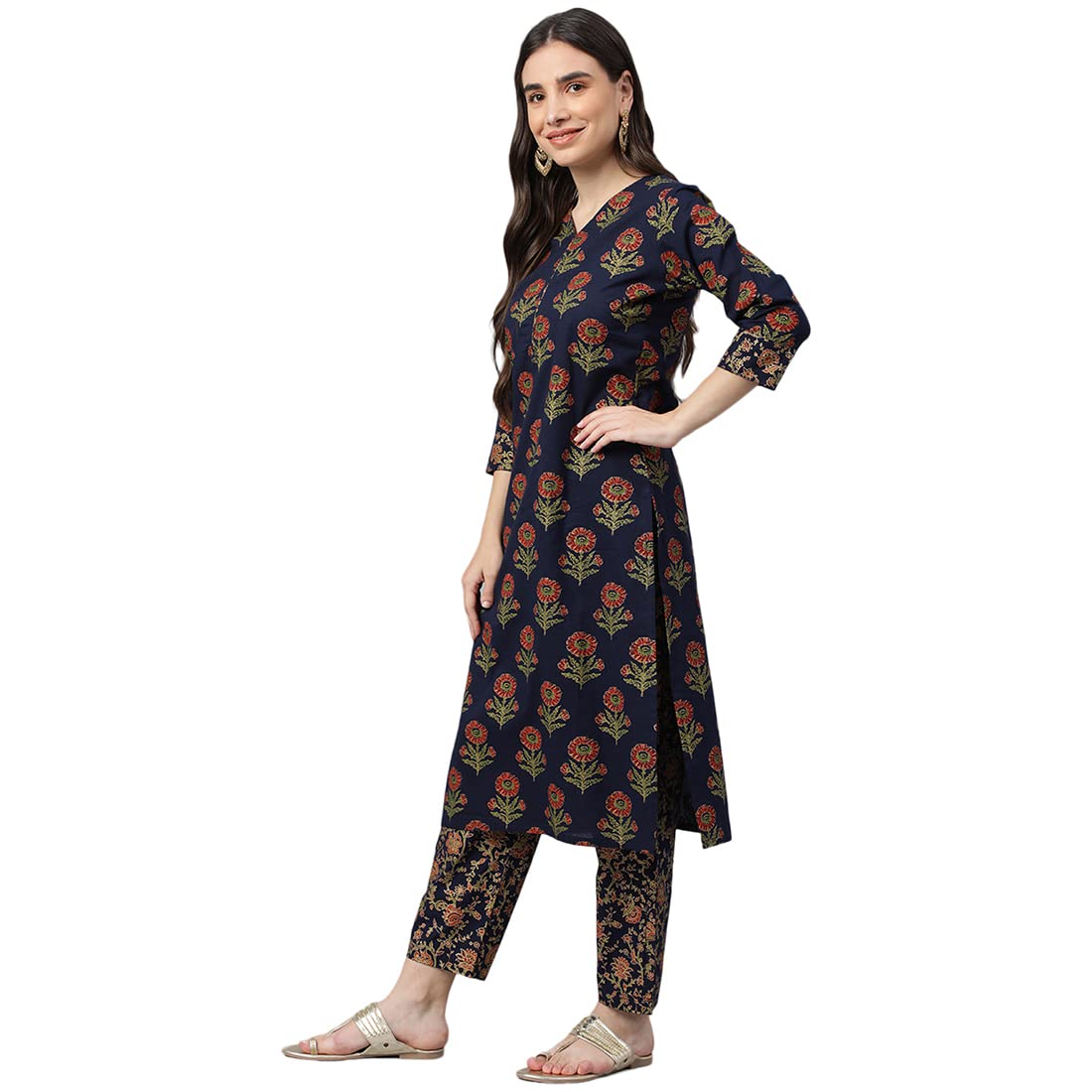 idaLia Navy Blue Gold Printed Cotton Kurta Set