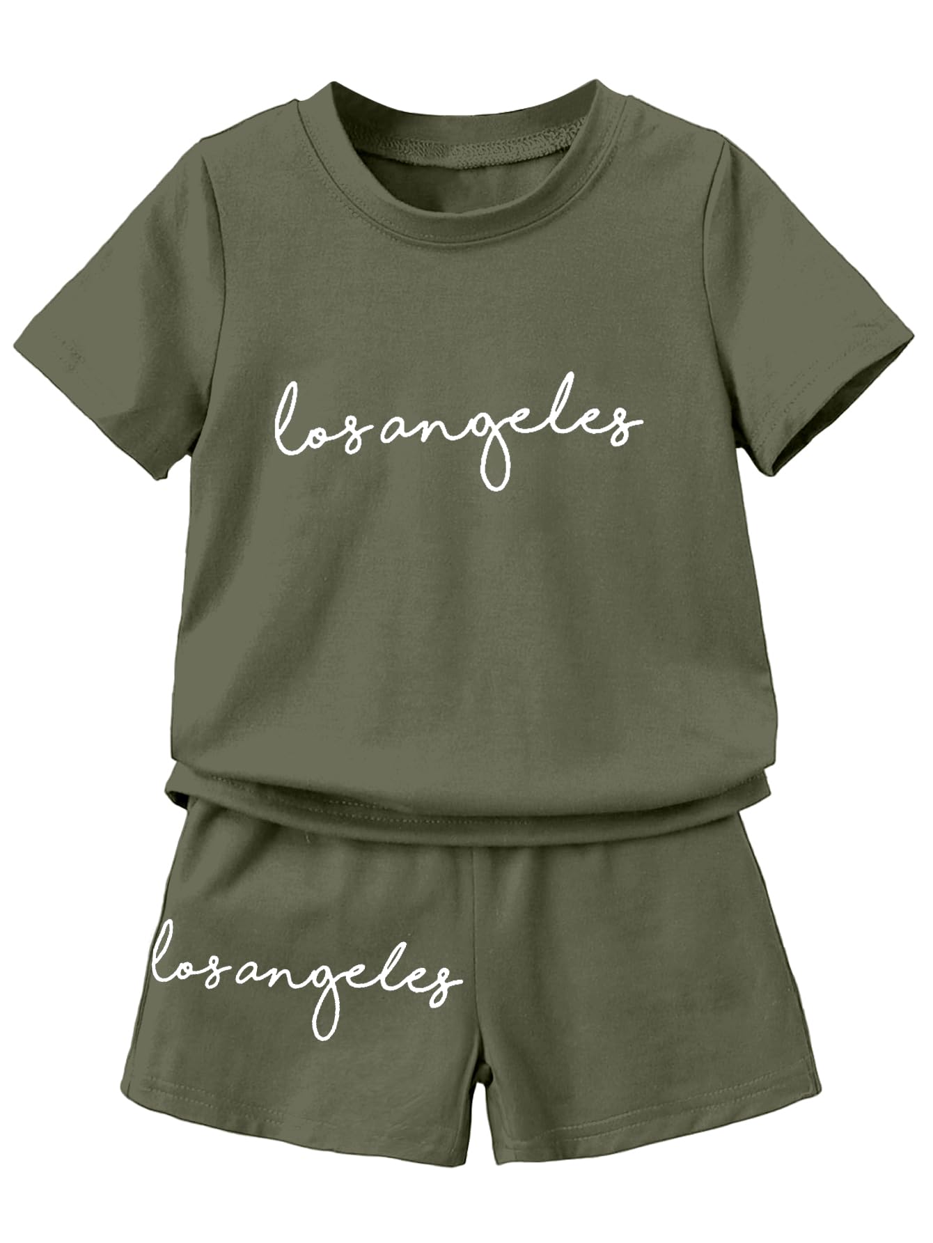 AVANOVA Boys Mehandi 2pcs Young Boy Loose Comfortable T-Shirt With Los Angeles Print And Shorts, Casual Cute Style Suitable For