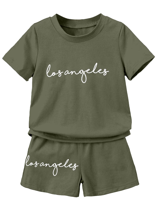 AVANOVA Boys Mehandi 2pcs Young Boy Loose Comfortable T-Shirt With Los Angeles Print And Shorts, Casual Cute Style Suitable For