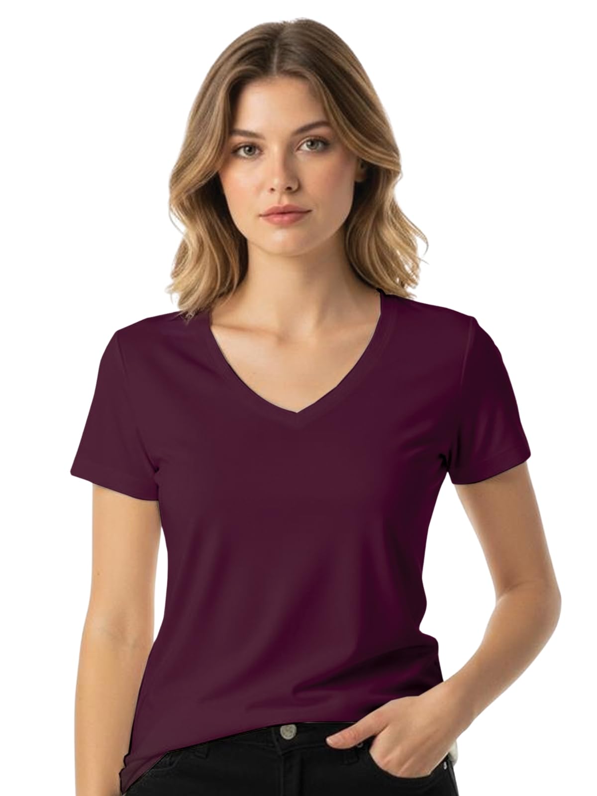 Juneberry Women Solid V Neck Pure Cotton T-Shirt