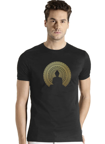 ADRO Men's Budha Gold Printed Cotton T-Shirt (RN23-GL-BUD-BL_Black)