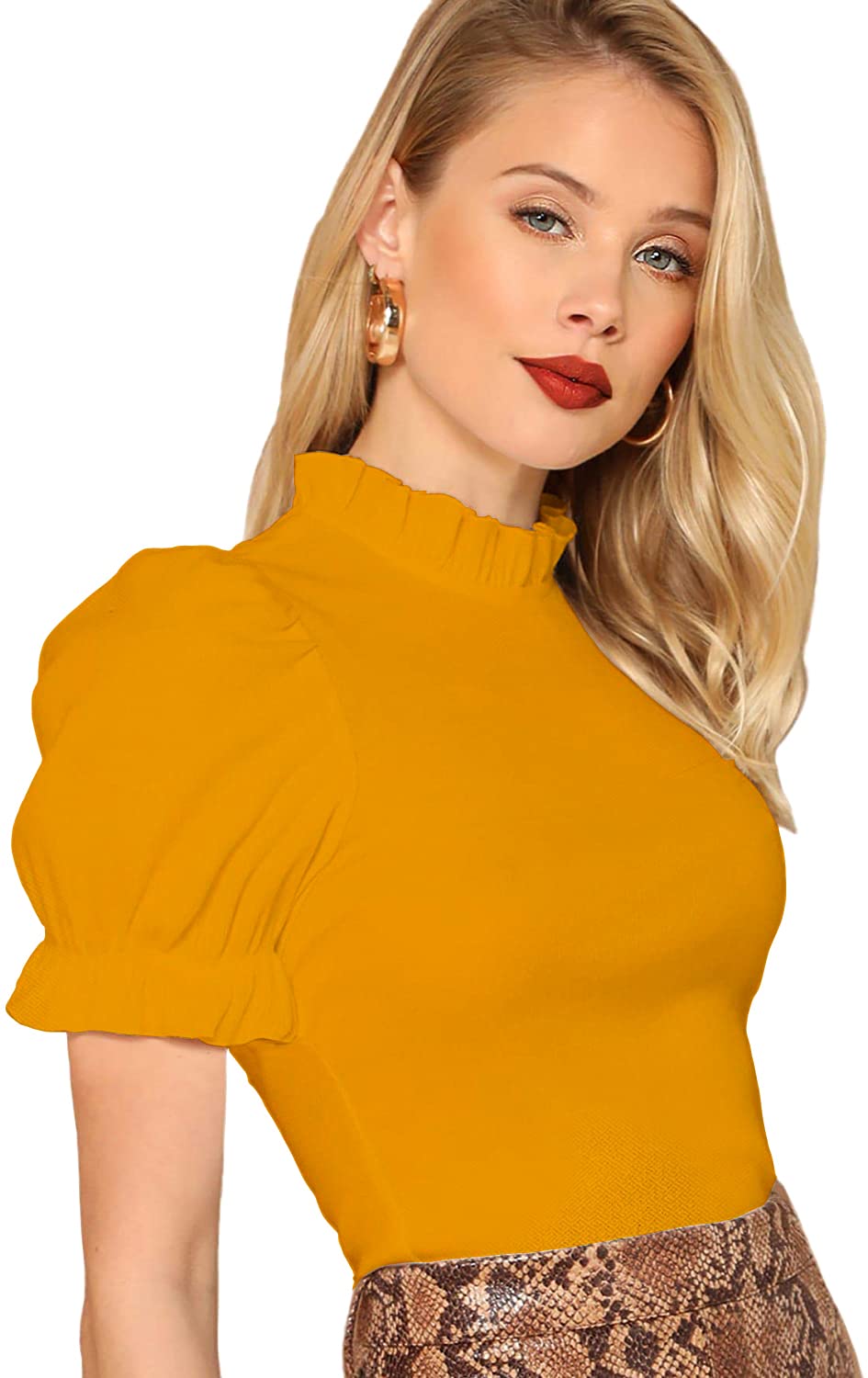 Shasmi Womens Yellow Pleated High Neck Short Puff Sleeve Ruched Bust Solid Tops for Women/Tops for Girls (Shree Top 22 Mustard