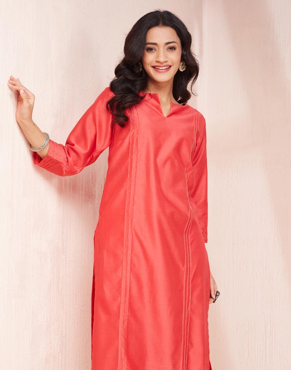 Fabindia WomenS Cotton Silk Solid Regular Kurta (1038022Coral_Coral