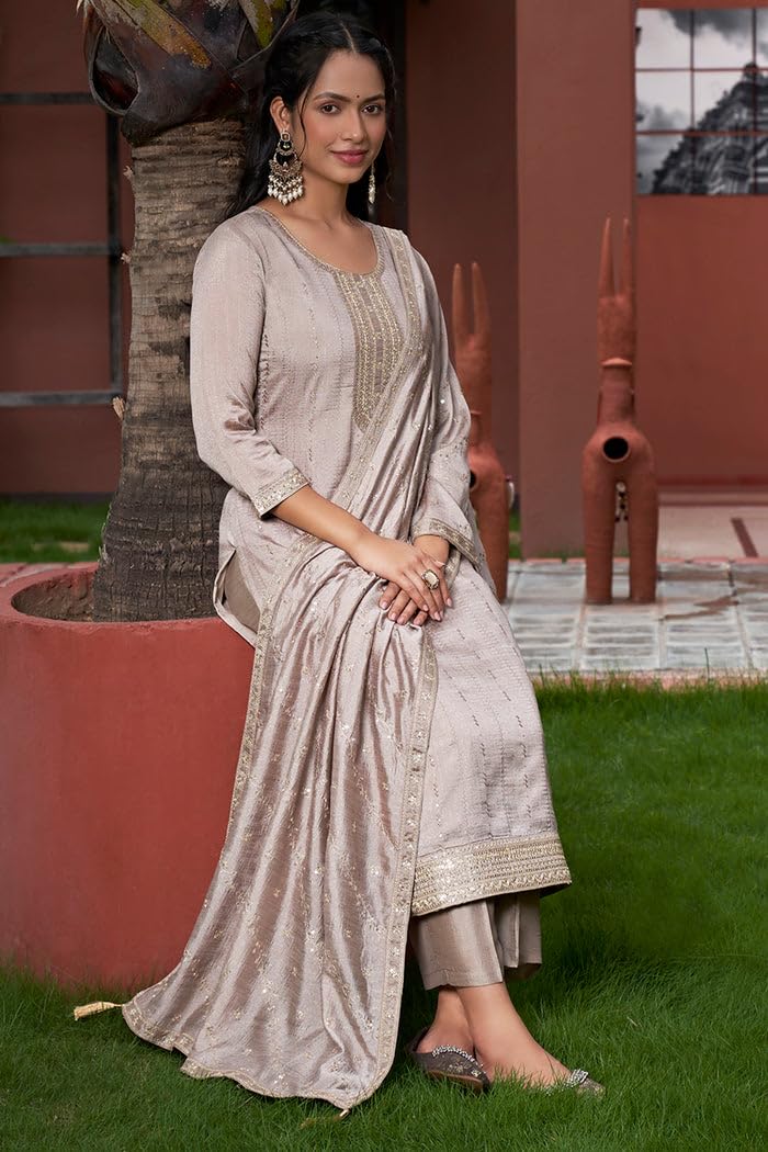 Wedani Vichitra Silk Kurta Set for Women Grey