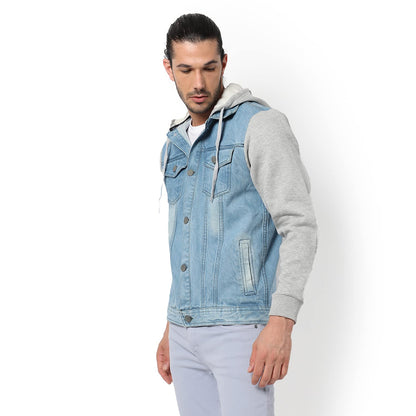 Campus Sutra Mens Light-Washed Blue & Grey Regular Fit Denim Jacket For Winter Wear | Hooded Collar | Full Sleeve | Buttoned |