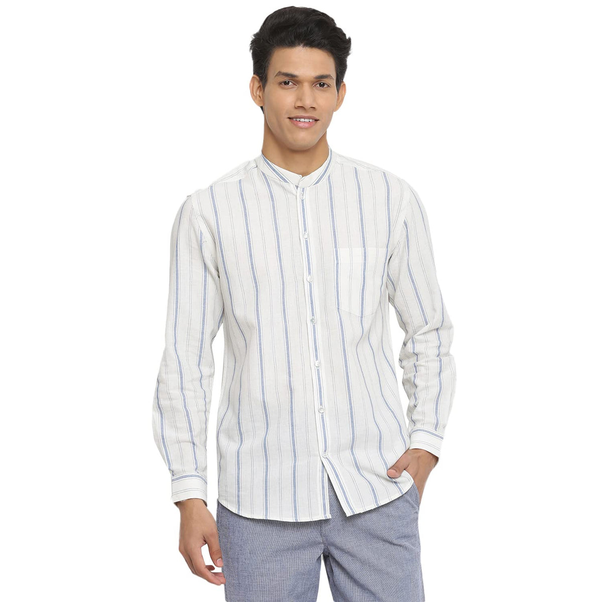 Fabindia Men Collar Cotton Striped Casual Shirt Chinese_M White