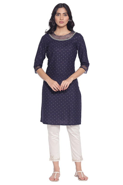 W for Woman Printed Viscose Kurta with Organza Detail for Women