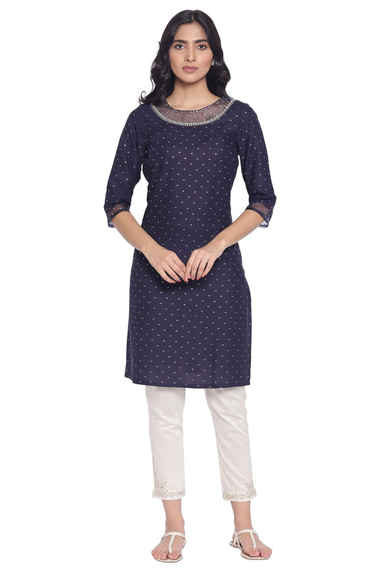 W for Woman Printed Viscose Kurta with Organza Detail for Women