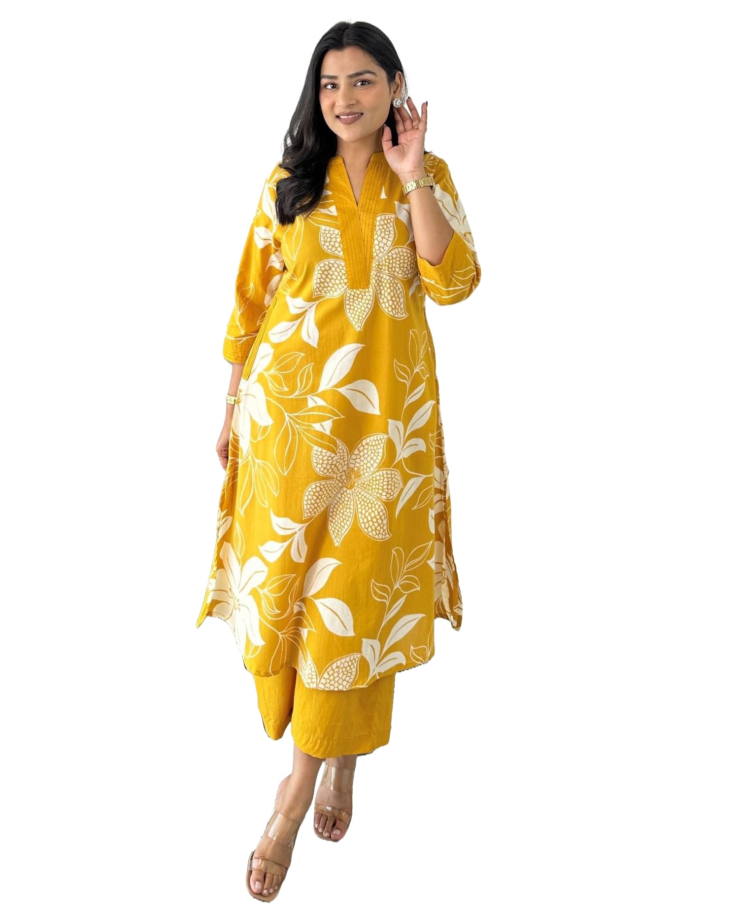 Lookmark WomenS Floral Printed Cotton Blend 3/4Th Sleeve Knee Length V-Neck Kurta And Palazzo Set For Women (Az-Lm-Og-Ks2204 Ye