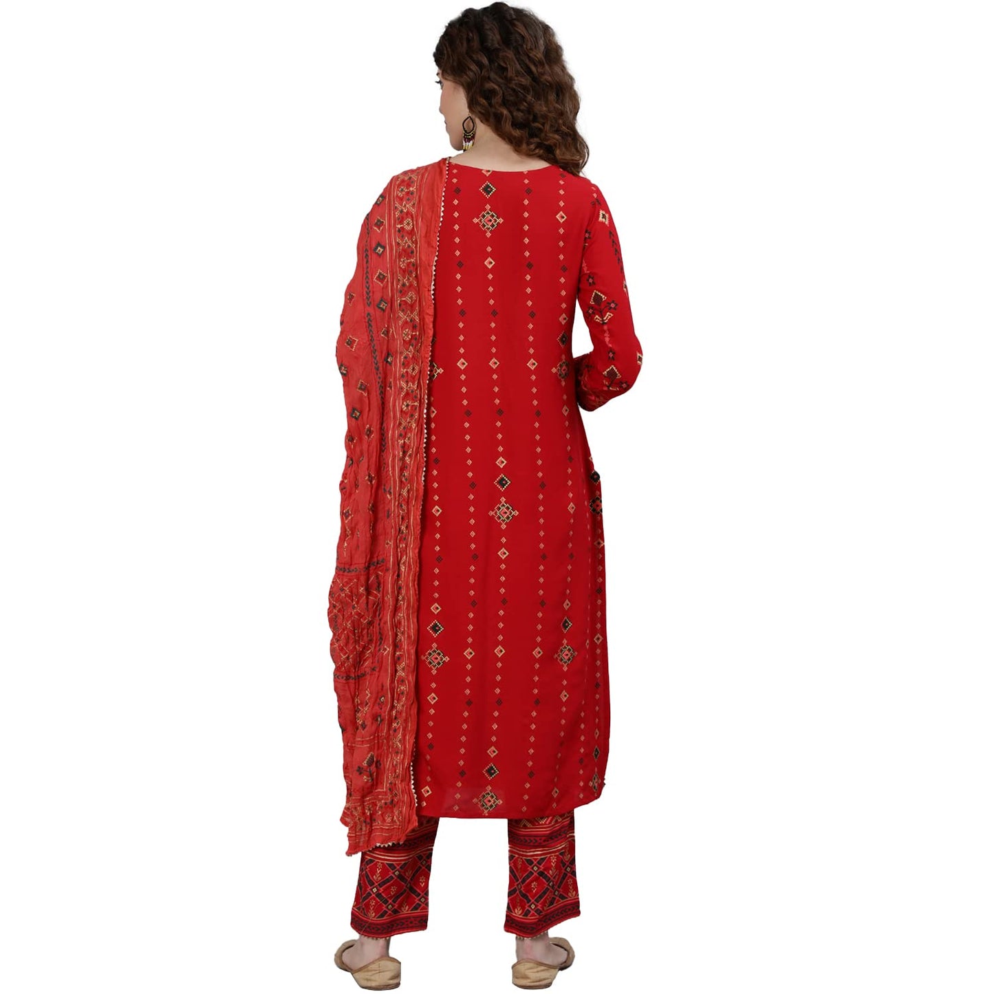 ishin Women's Viscose Rayon Embroidered Mirror Work Red Geometric Print Straight Kurta suit set With Dupatta & Trouser