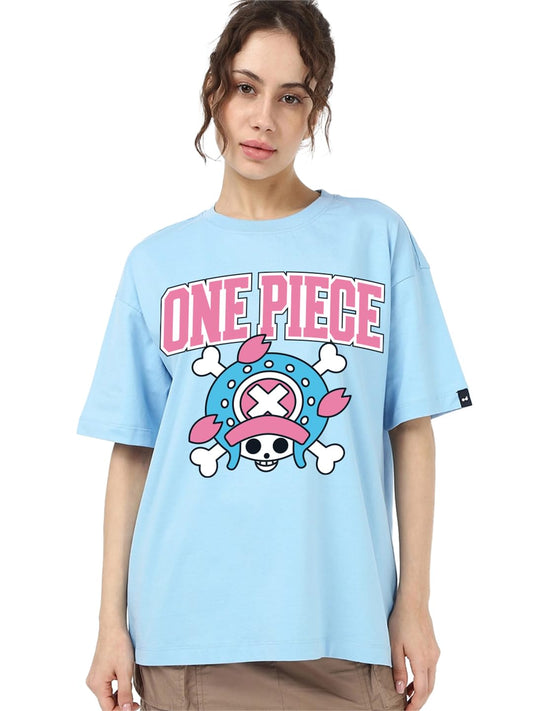 Bewakoof Official One Piece Merchandise WomenS Graphic Print Oversized Fit Half Sleeve Round Neck Pure Cotton T-Shirt_687533_Blu