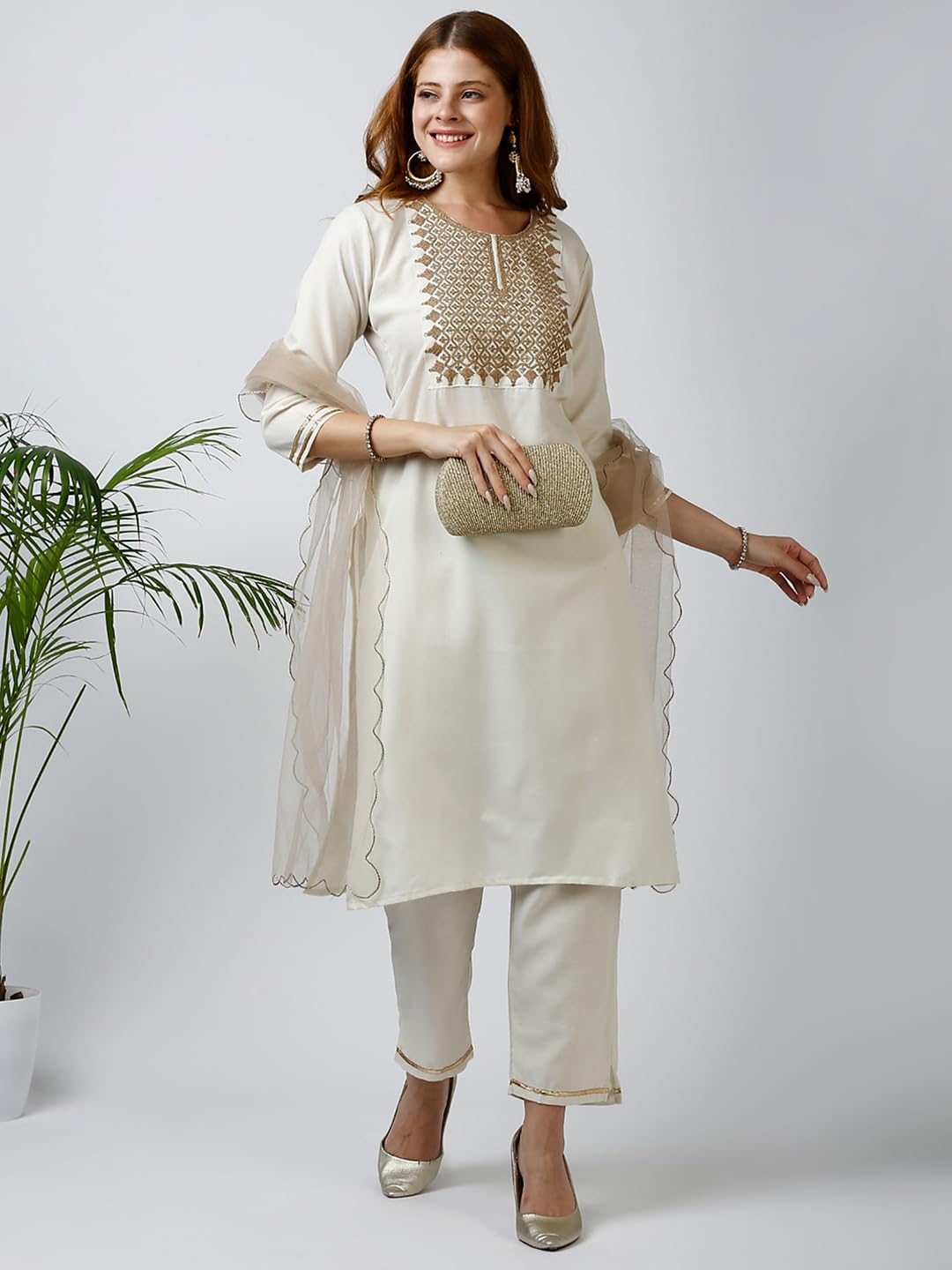 Gufrina WomenS Cotton Blend Kurta Pant With Round Neck 3/4Th Sleeves Solid Pattern Embroidery Work Regular Fit And Calf Length