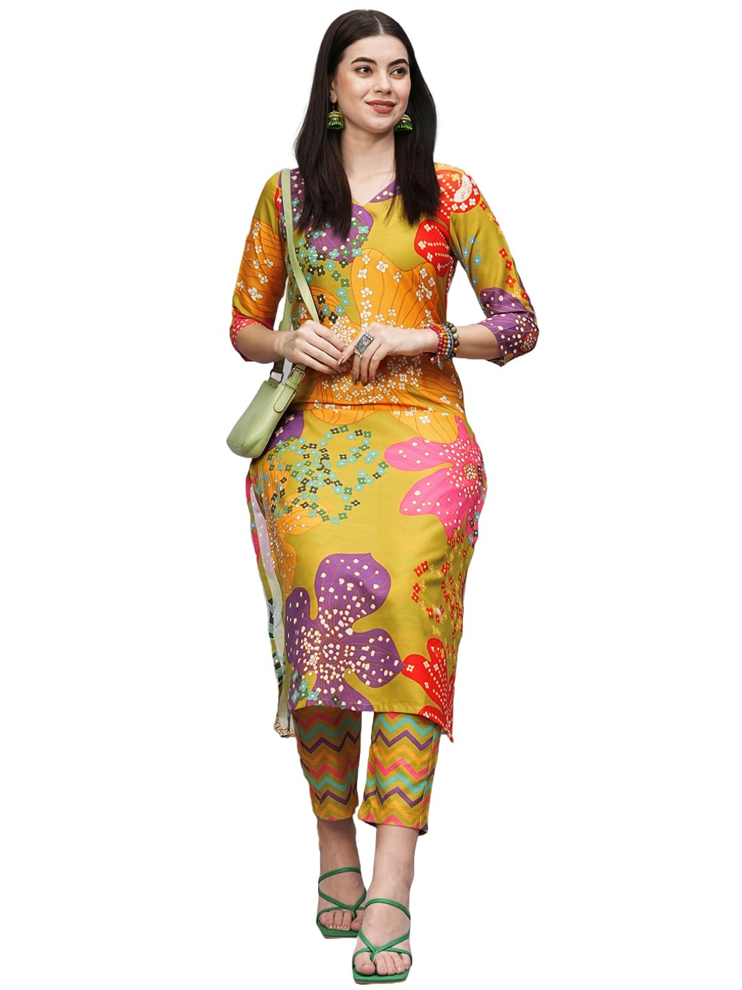 ANNI DESIGNER Womens Cotton Blend Straight Fit Printed Kurta with Pant (Wahida Yellow_M_Yellow_Medium)