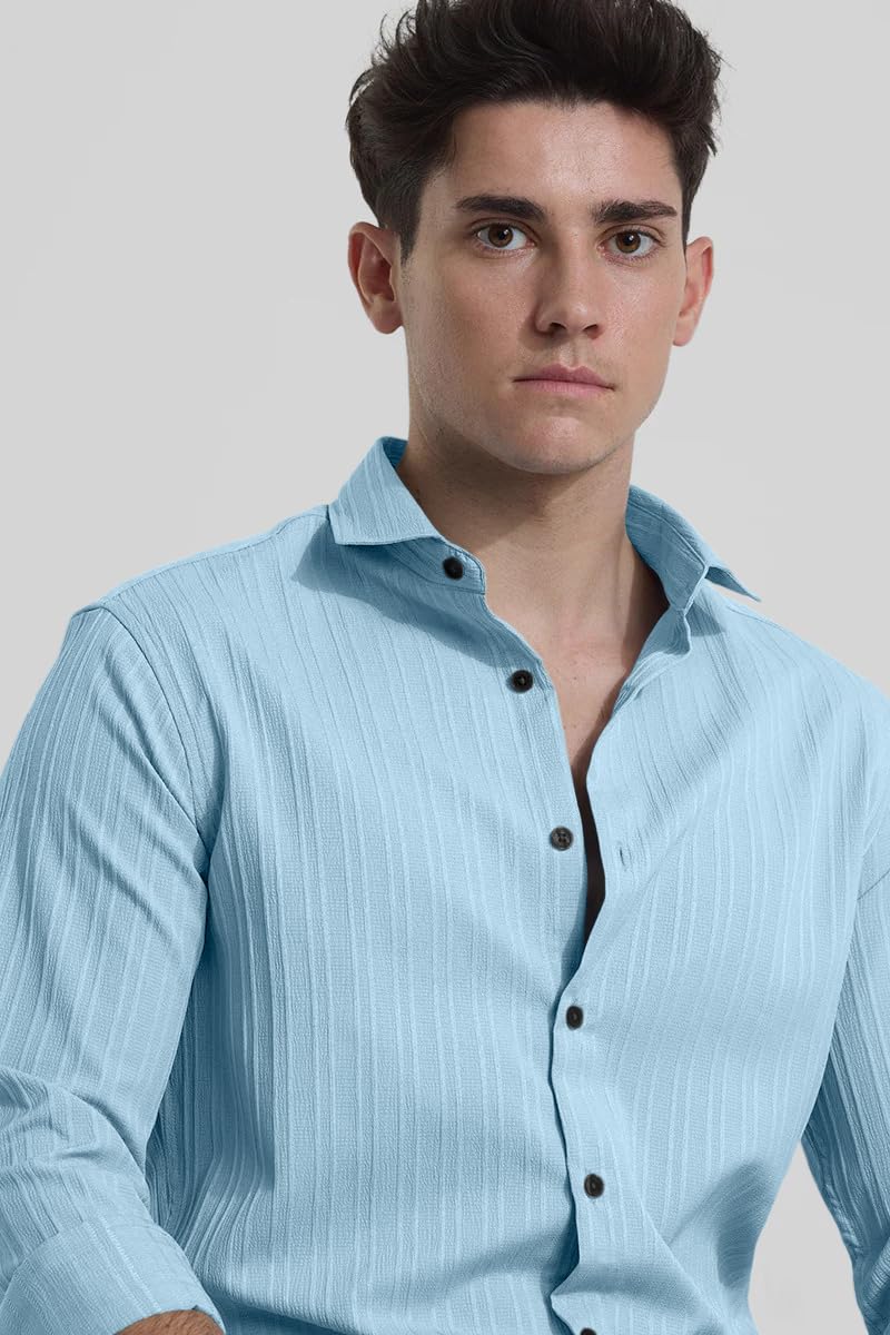 Finivo Fashion MenS Solid Regular Fit Textured Shirts_Sky
