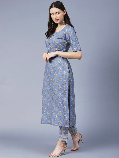 GoSriKi Women's Cotton Blend Printed Straight Kurta with Pant (PRNK-GS)