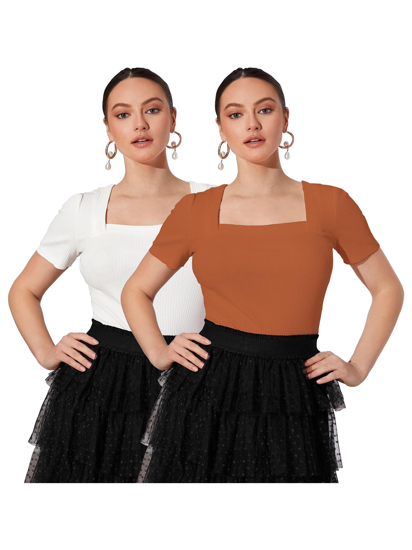 Shasmi Womens & Girls White and Orange Solid Knitted Square Neck Regular Fit T-Shirts Short Puff Sleeve Tops (52 Pack 2 White