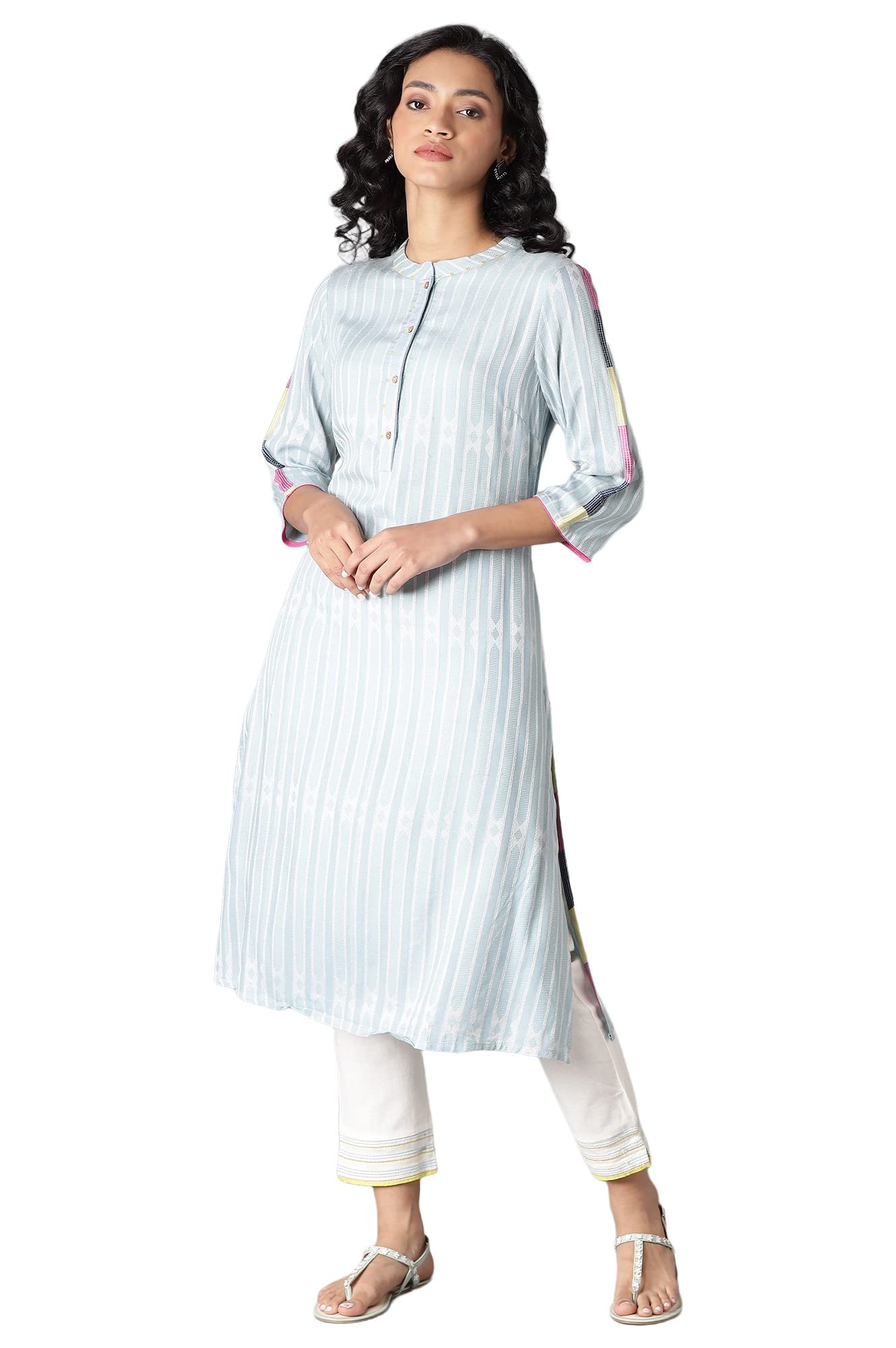 W For Woman Light Blue Vertical Striped Straight-Long Kurta