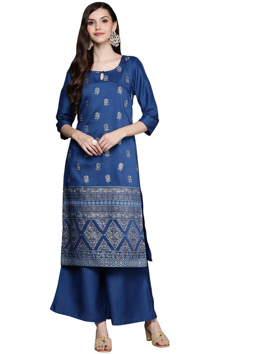 ZIYAA Women's Teal Chinon Straight Kurta And Palazzo Set(ZIKUCH3852ANDPL)