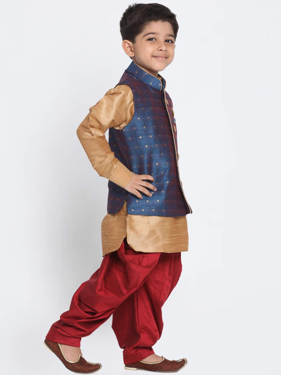 Jbn Creation Boys Silk Blend Rose Gold, Persian Blue And Maroon Kurta Pyjama Jacket Set - Ethnic Elegance For Festivals_Vasnbj00