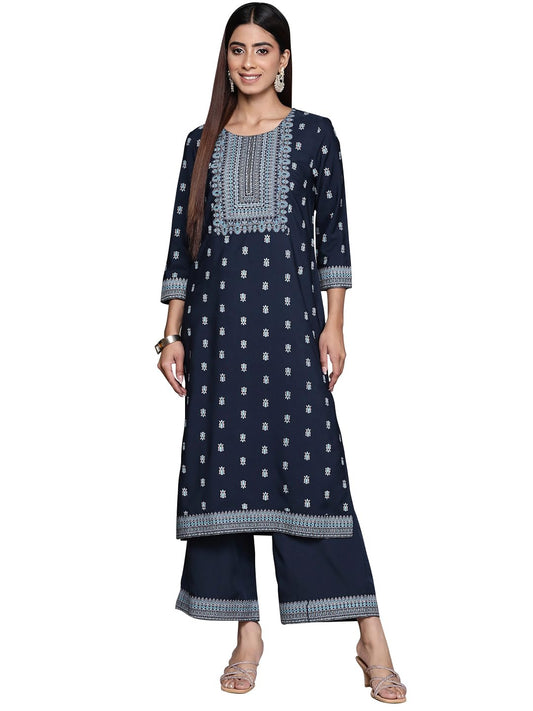 ZIYAA Women Women's Navy Blue Crepe Straight Kurta And Palazzo Set