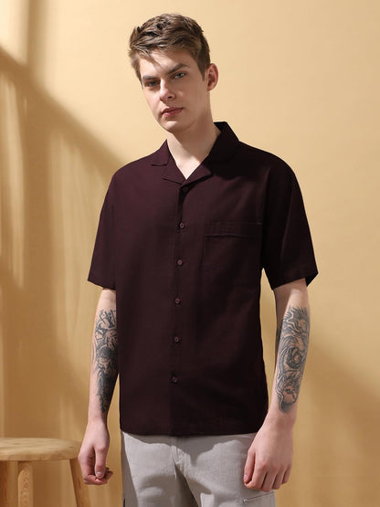 Dennis Lingo Men Relaxed Fit Wine Half Sleeves Cotton Shirt