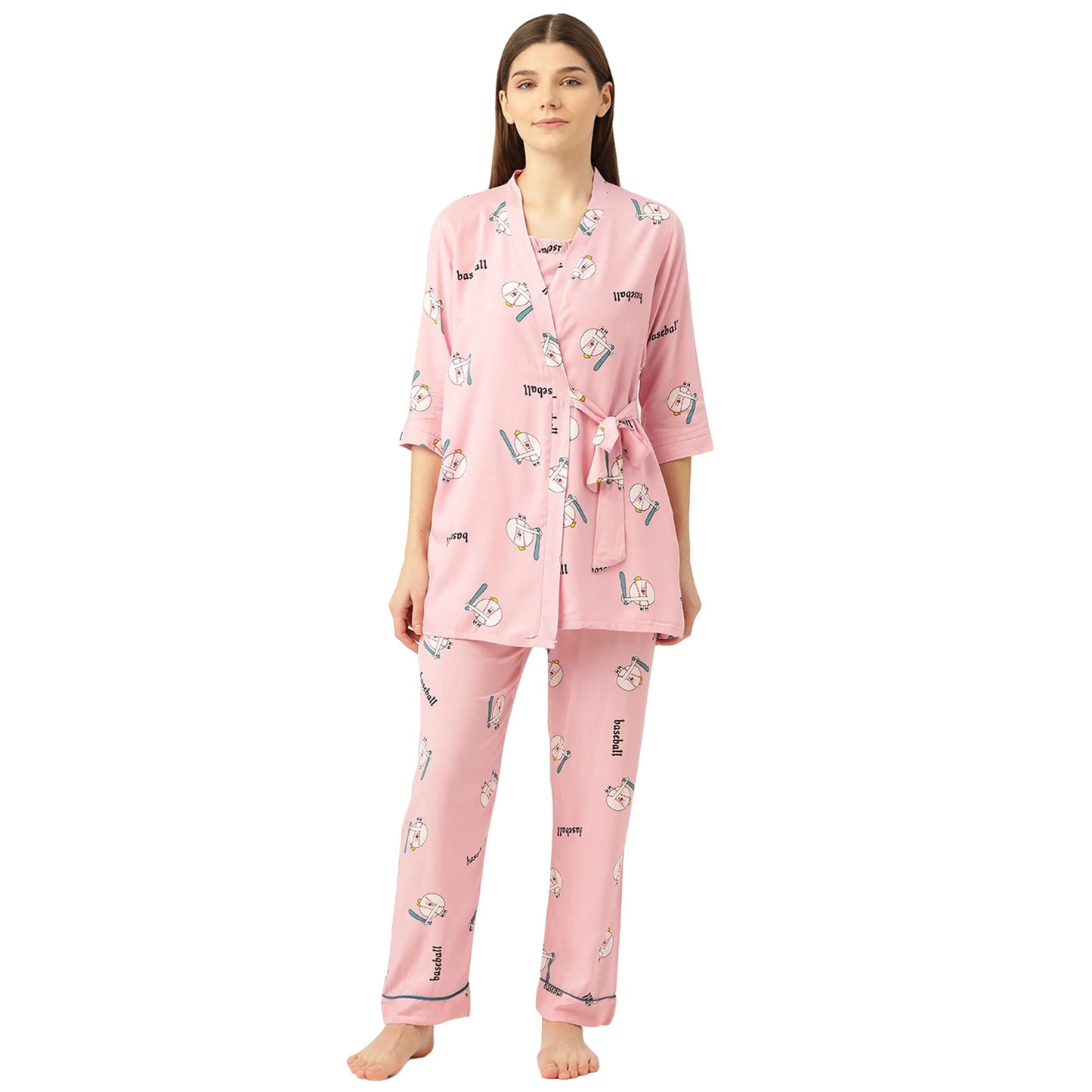 Sweet Dreams Women Printed Rayon 3 Piece Pyjama Set Peach