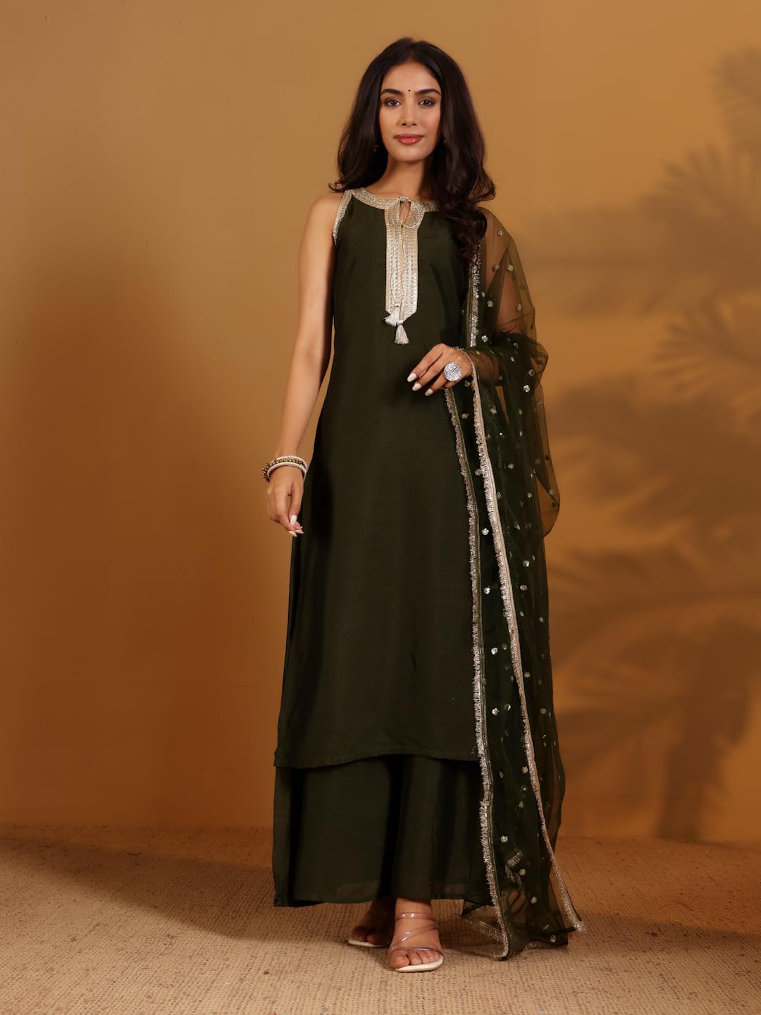 Varanga Zari & Sequin Lace Embellished Sleeveless Straight Kurta Paired With Tonal Plazzo And Dupatta Olive