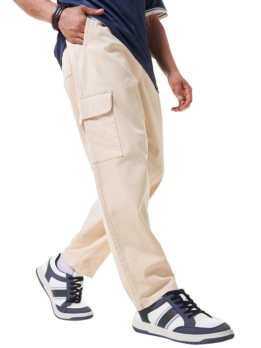 Bewakoof Mens Solid Oversized Fit Cotton Spandex Cargo Carpenter Casual Pants_617417_Beige_28