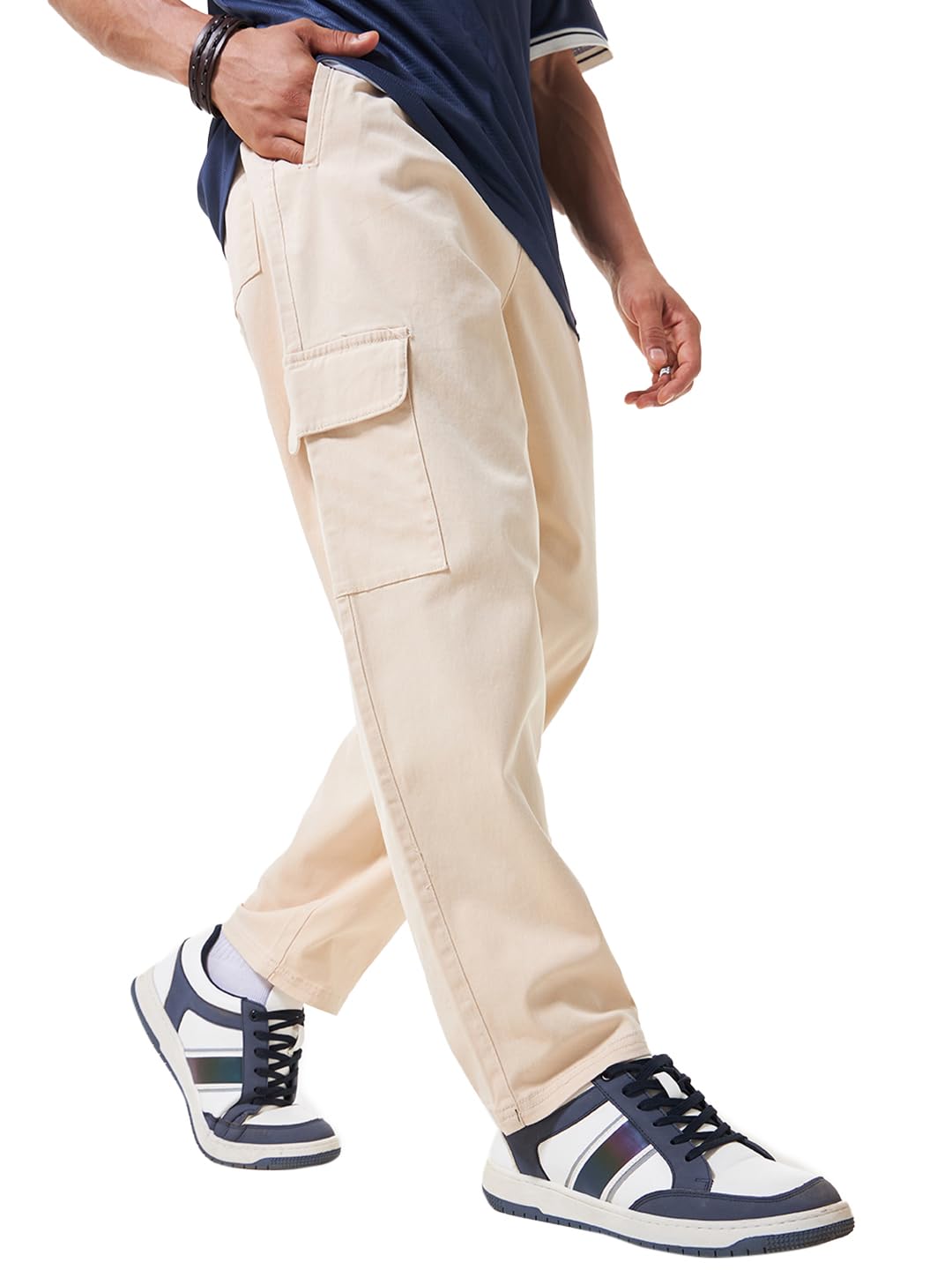 Bewakoof Mens Solid Oversized Fit Cotton Spandex Cargo Carpenter Casual Pants_617417_Beige_34