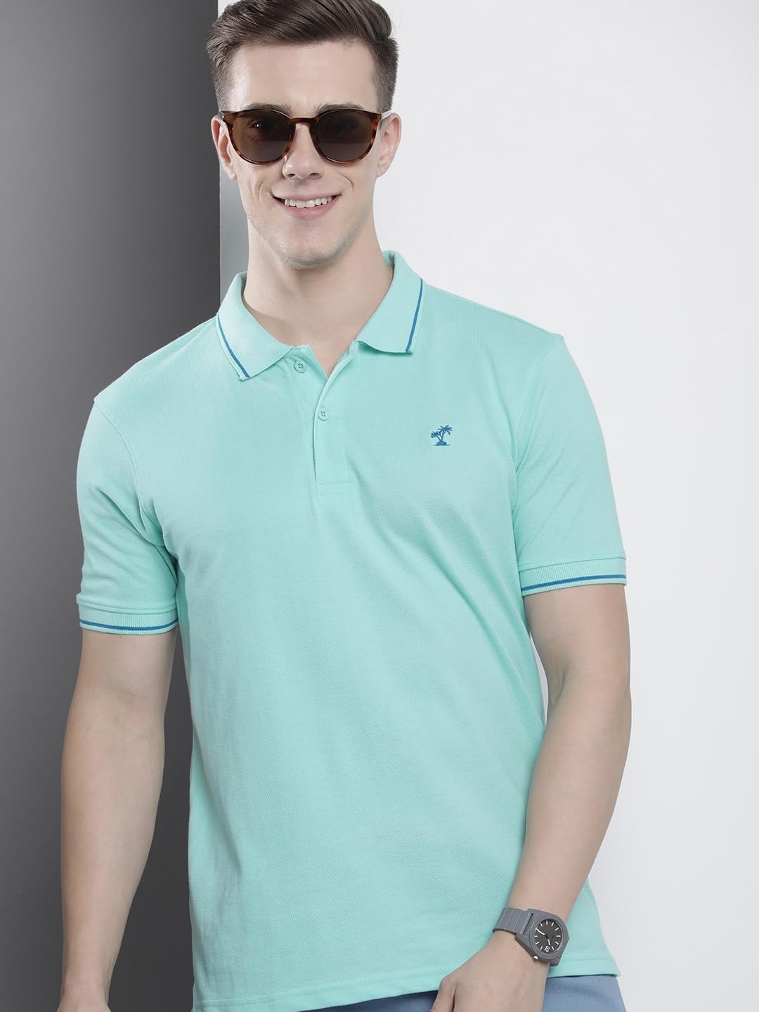 The Indian Garage Co Men Slim Fit Solid Polo Collar Tshirt Aqua