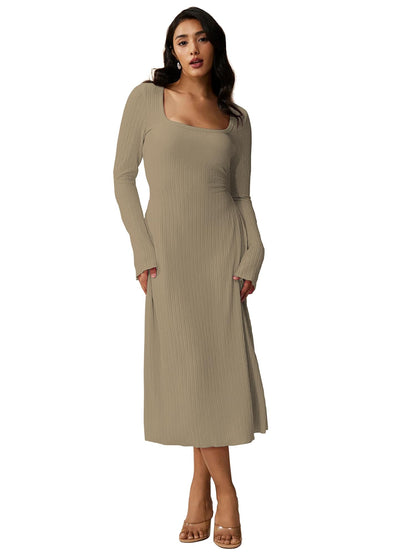 Shasmi Womens Kiwi Square Neck A-Line Dress  Long Sleeve, Tie Waist, Knitted Stretchable, Casual & Office Outfit, Solid Winter M