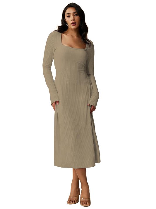Shasmi Womens Kiwi Square Neck A-Line Dress  Long Sleeve, Tie Waist, Knitted Stretchable, Casual & Office Outfit, Solid Winter M