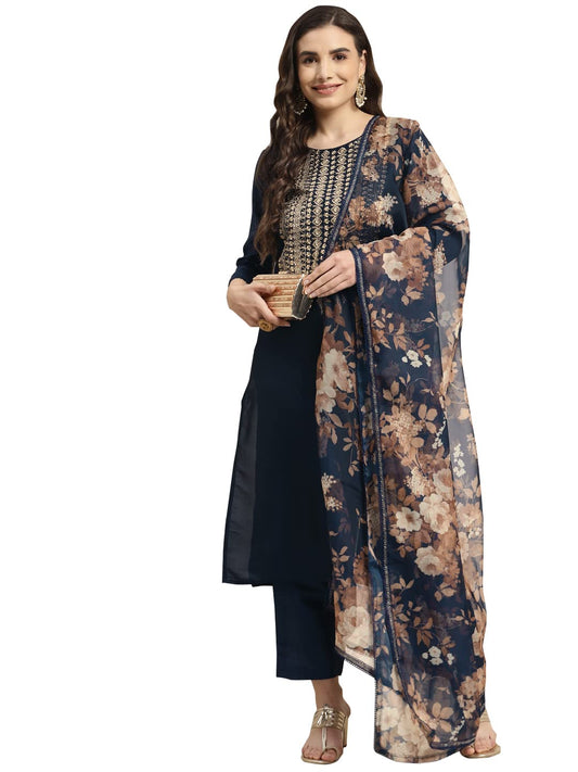 Womanista Women Blue Kurta with Organza Dupatta