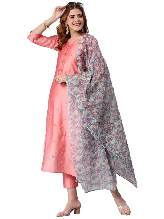 Gosriki WomenS Chanderi Cotton Traditional Straight Embroidered Kurta And Pant With Dupatta Set (Salaya Peach-Gs_Xl_Peach_X-Lar