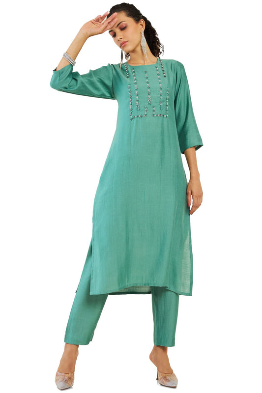 Soch Women Green Viscose Embellished Kurta Set