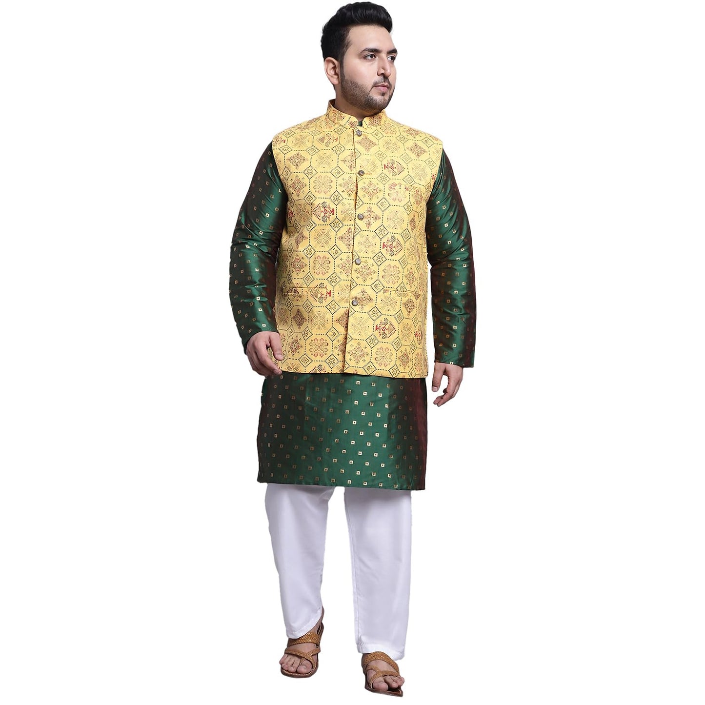 SOJANYA (Since 1958 Men's SilkBlend DGreen Kurta & White Pyjama With Yellow Printed Nehrujacket