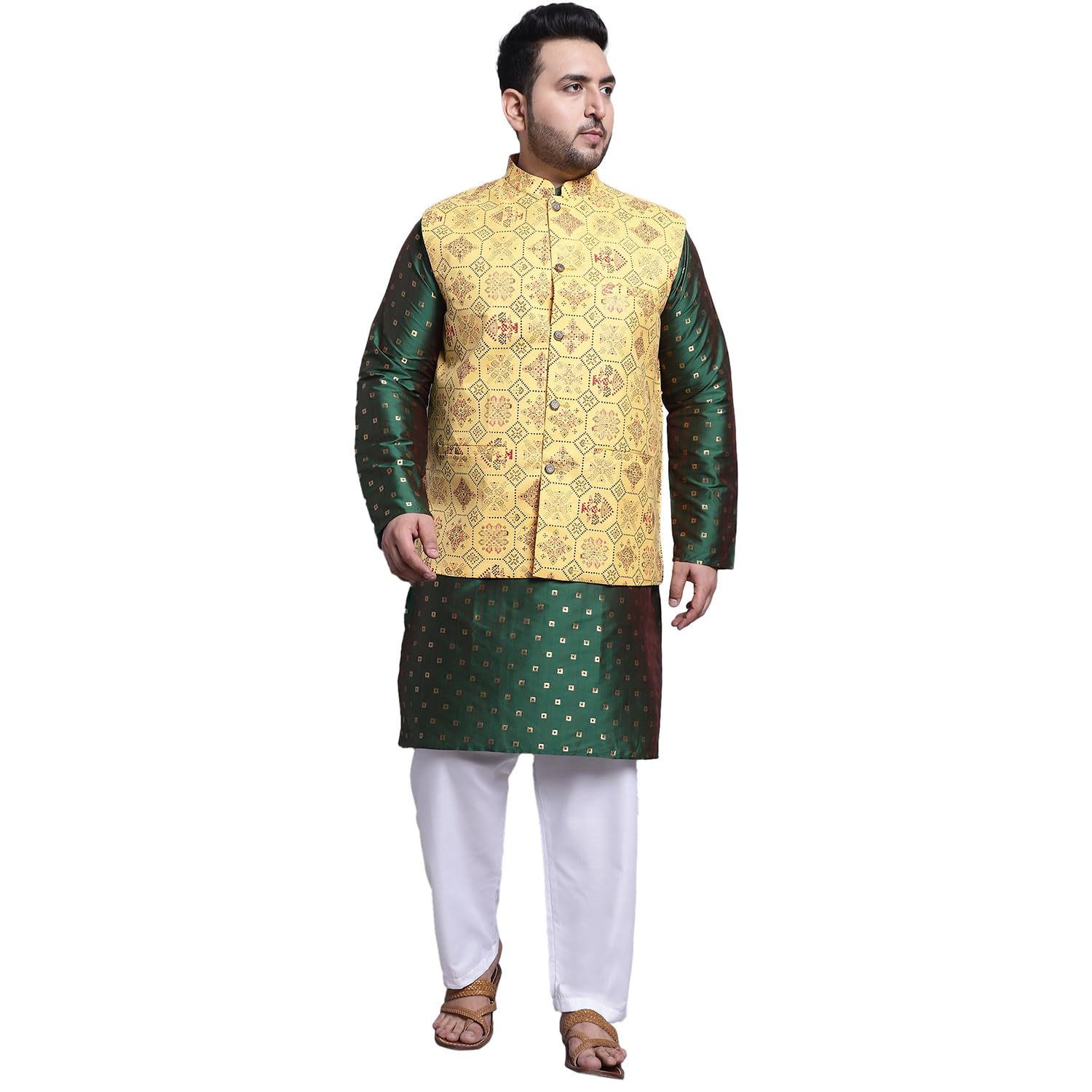 SOJANYA (Since 1958 Men's SilkBlend DGreen Kurta & White Pyjama With Yellow Printed Nehrujacket