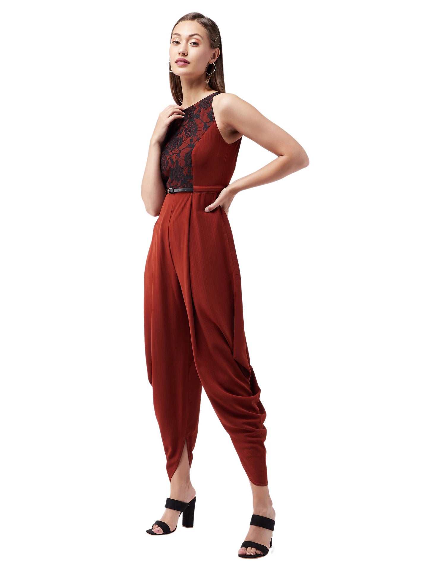 Miss Chase WomenS Rust & Black Round Neck Sleeveless Solid Draped Dhoti Regular Jumpsuit(Mcaw21D15-07-248-06,Rust & Black,Xl)
