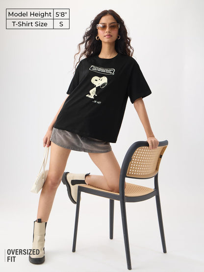 The Souled Store Peanuts: Overthink Women and Girls Short Sleeves Round Neck Black Graphic Printed Cotton Lightweight Everyday S