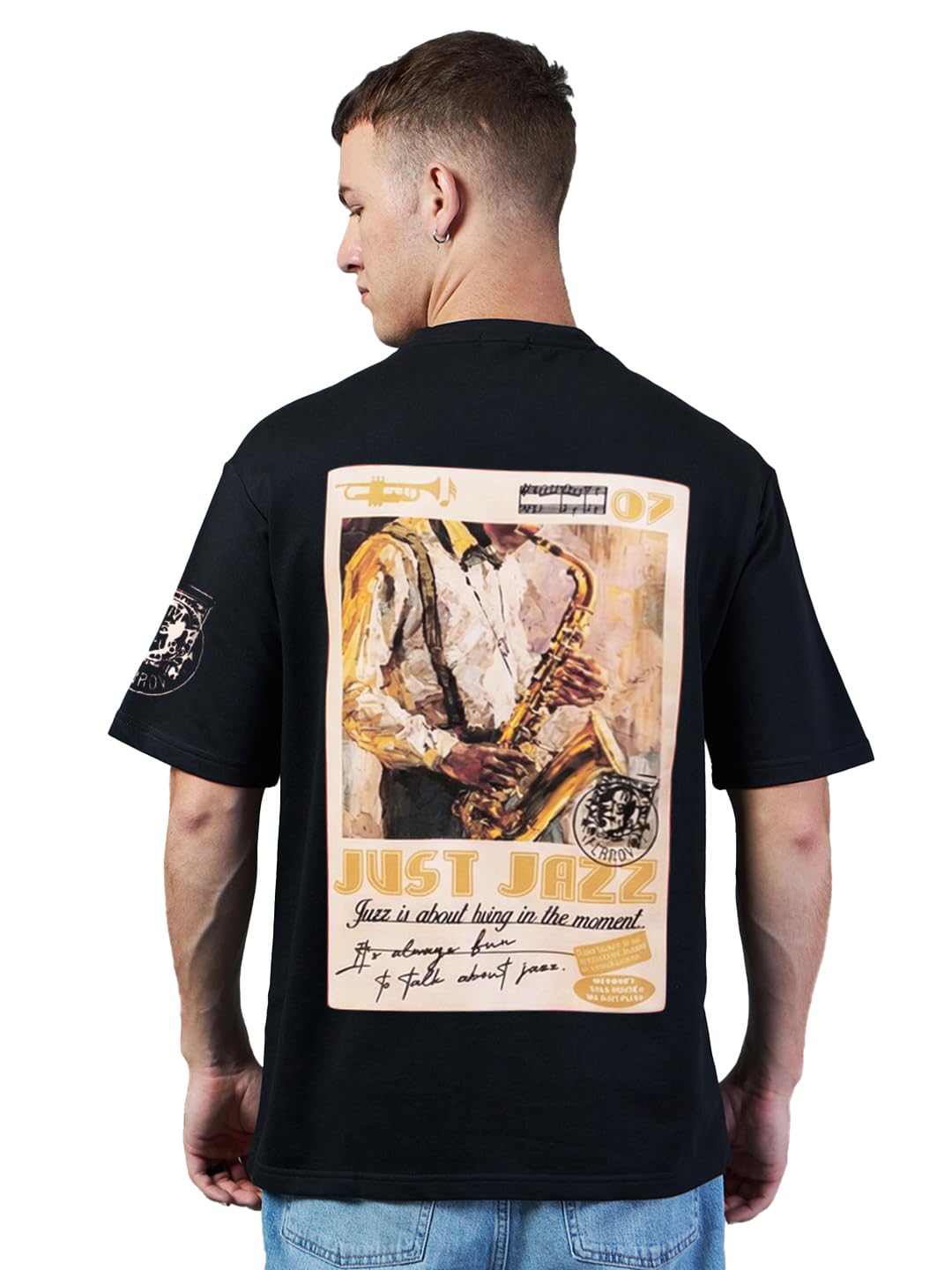 Bewakoof Heavy Duty 1.0 Mens Graphic Print Oversized Fit Half Sleeve Round Neck Terry; 100% Cotton T-Shirt_652563_Black_XL