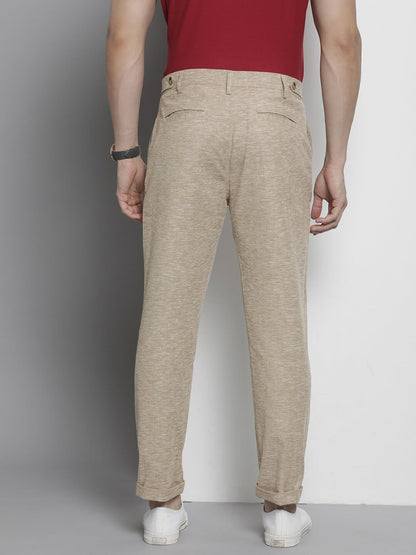 The Indian Garage Co Men Slim Fit Solid Mid-Rise Trousers Beige
