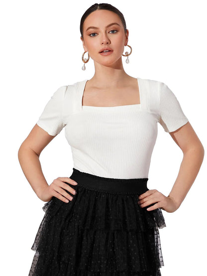 Shasmi Womens & Girls White and Navy Solid Knitted Square Neck Regular Fit T-Shirts Short Puff Sleeve Tops (52 Pack 2 White Na