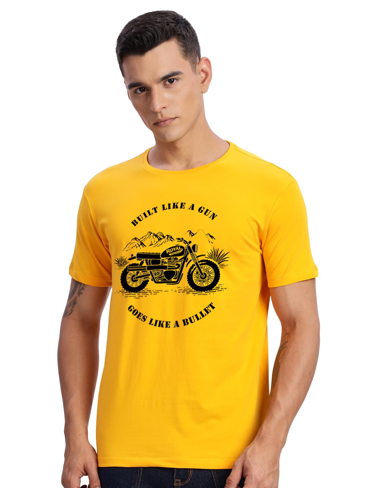 ADRO Men's Royal Bike Design Printed 100% Cotton T-Shirt - Regular Fit, Printed T-Shirts for Men (RN24-RYL-MU_Mustard)